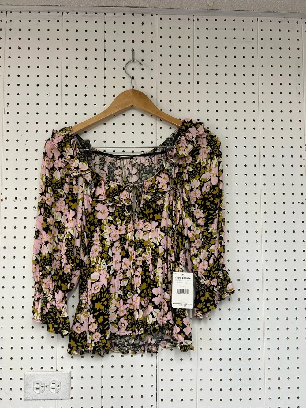 Free People Sweet Memories Pink and Black Floral Tie-Front Puff Sleeve
